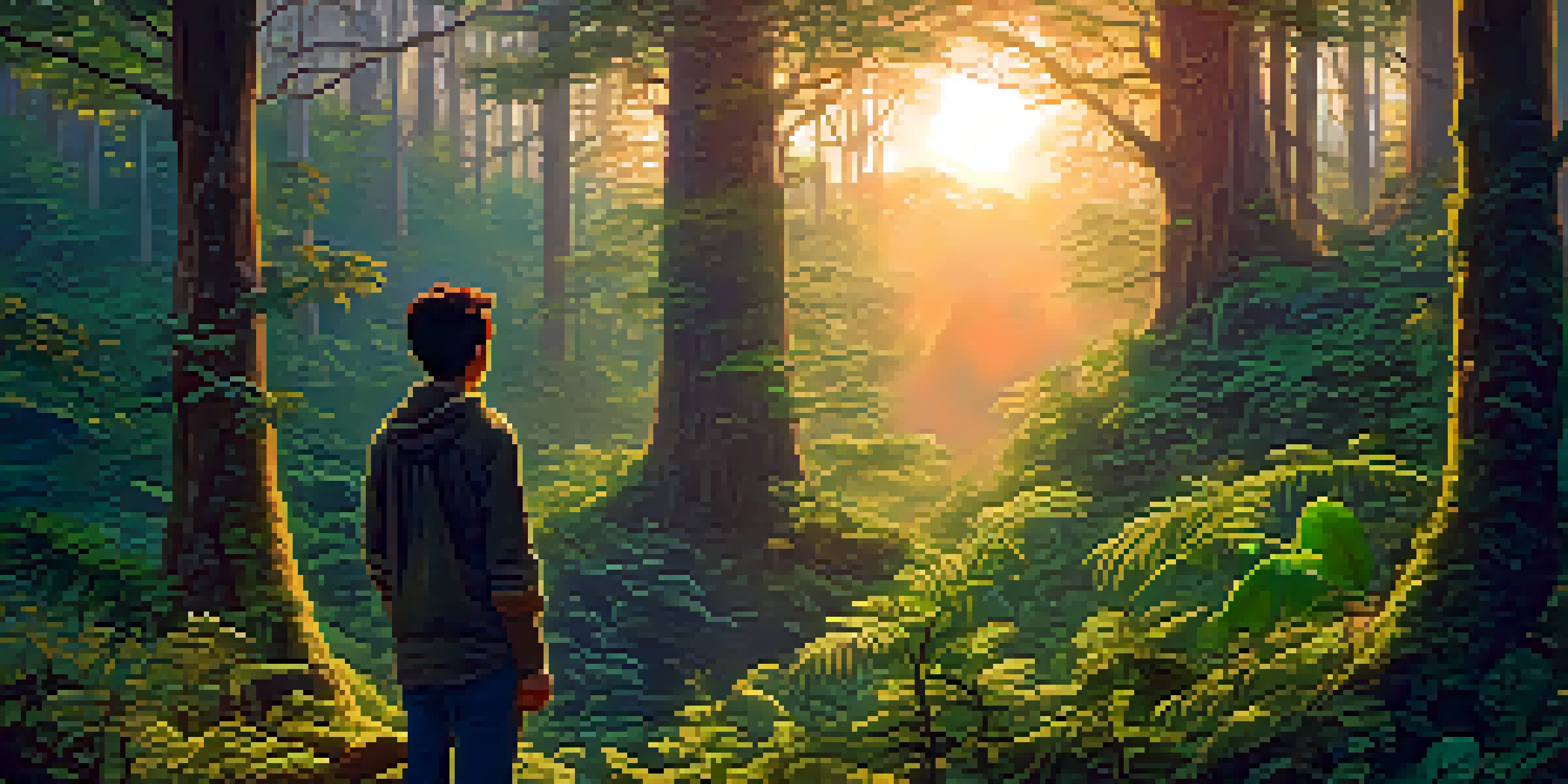 A character in a colorful forest at sunset, looking towards the horizon with a sense of wonder.