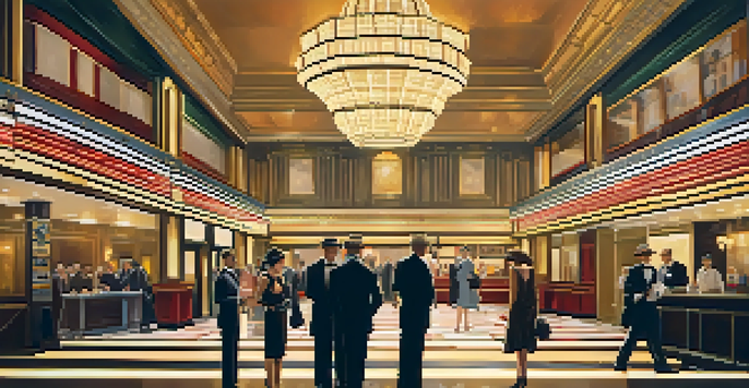 A vintage cinema lobby from the 1920s with elegantly dressed patrons and Art Deco decorations.