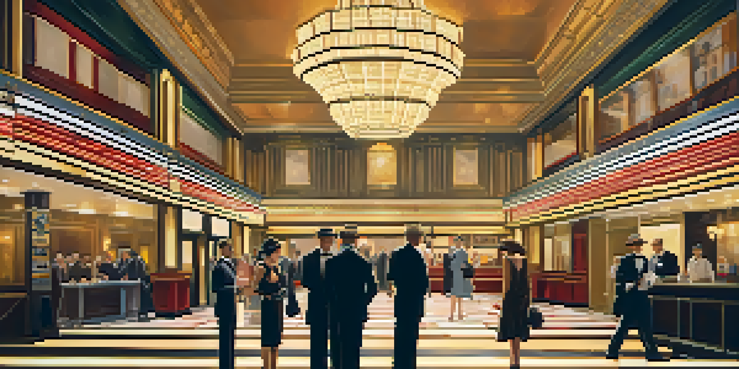 A vintage cinema lobby from the 1920s with elegantly dressed patrons and Art Deco decorations.