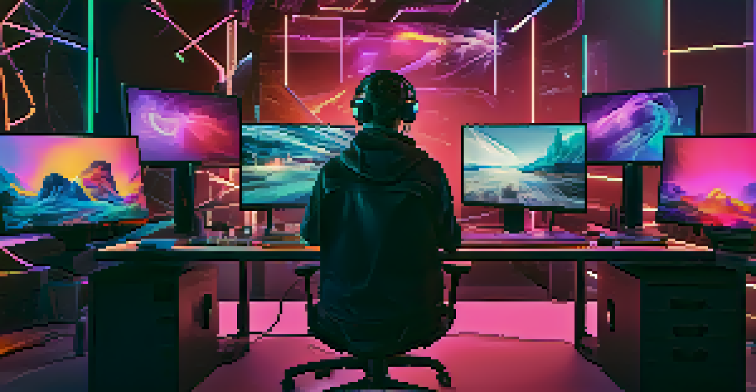 A modern visual effects artist at a computer, with digital screens showing colorful CGI animations in a futuristic workspace.