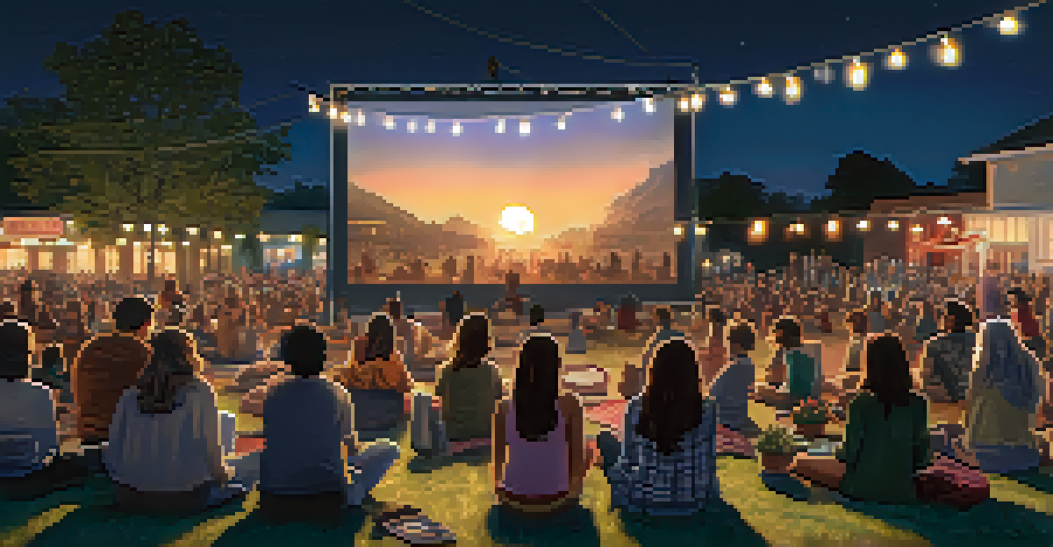 A diverse audience enjoying a film at an outdoor festival, with string lights in the background.