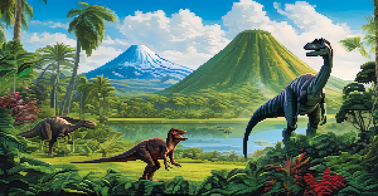 Lush landscape with detailed trees and a life-sized dinosaur under a bright blue sky, evoking a sense of wonder.