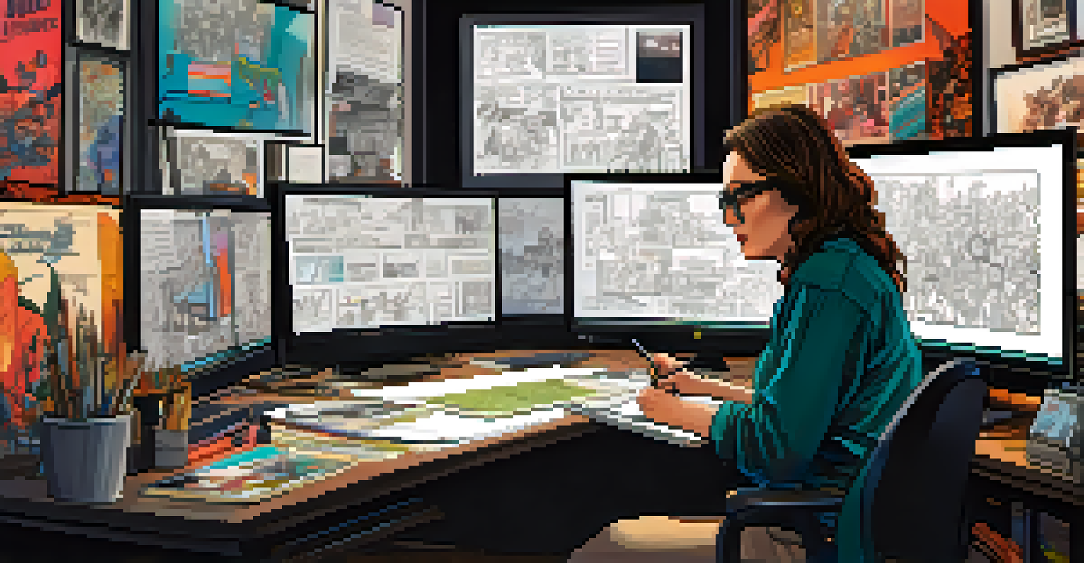 A filmmaker in an editing suite, surrounded by screens showing storyboards and sketches from a graphic novel adaptation.