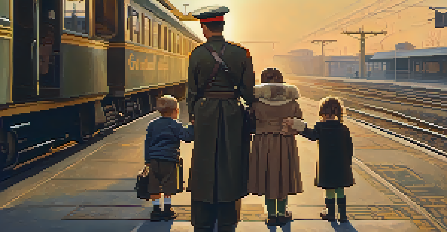 A family at a train station saying goodbye, with a father in military uniform, evoking a mixture of hope and sorrow during a farewell.