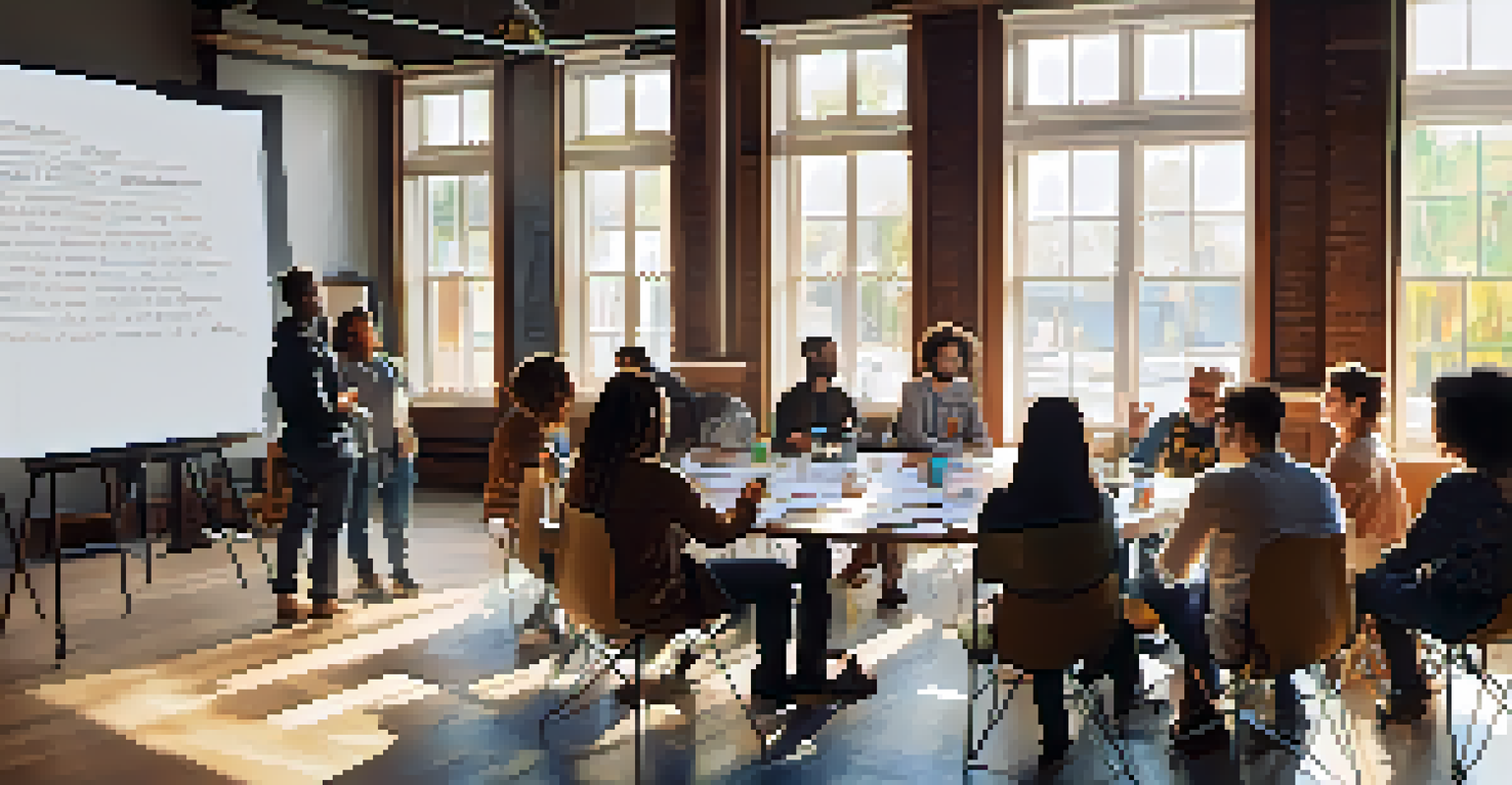 A group of diverse aspiring filmmakers sitting in a circle during a workshop at a film festival, with a whiteboard filled with ideas, illuminated by natural light.