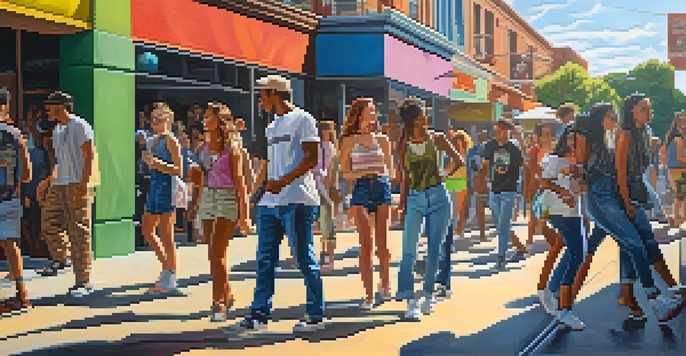 A lively urban street scene filled with young people enjoying activities inspired by Hollywood films, with colorful murals and fashionable outfits.