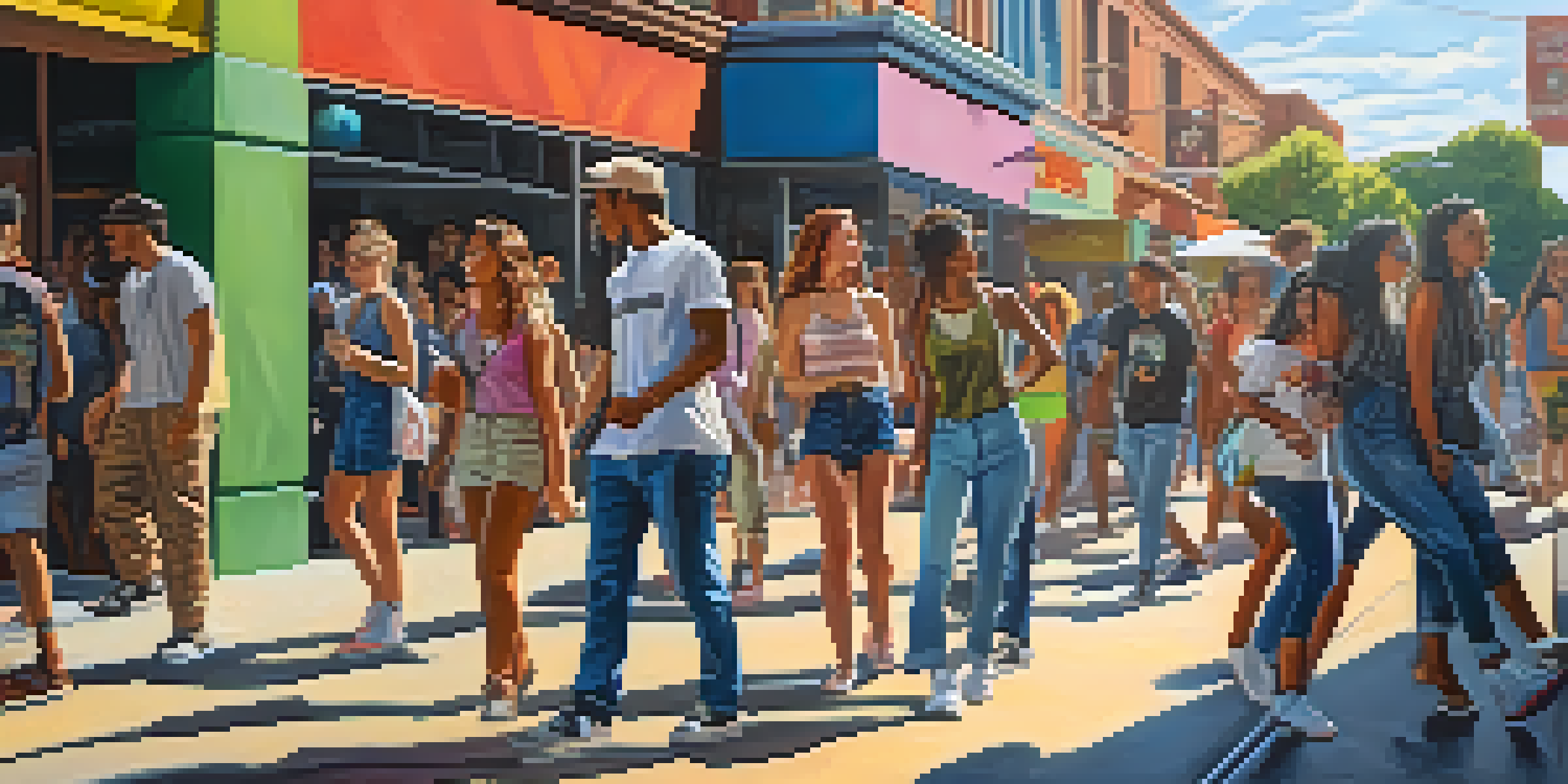 A lively urban street scene filled with young people enjoying activities inspired by Hollywood films, with colorful murals and fashionable outfits.