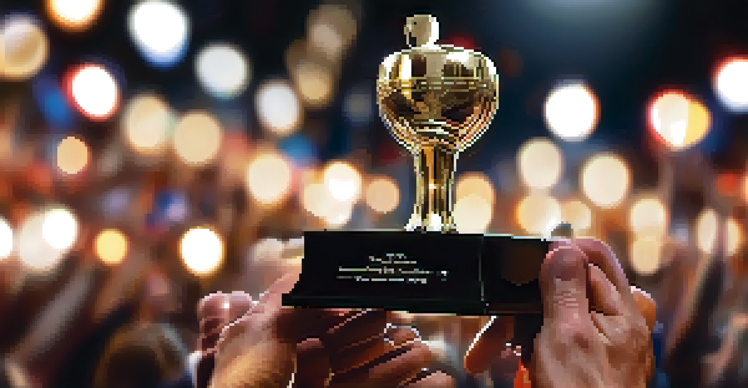 A close-up of a filmmaker's hands holding an award trophy, with a blurred crowd celebrating in the background.