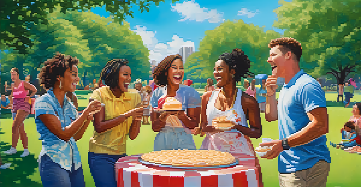 A group of diverse friends in a colorful park, with one friend about to throw a cream pie, showcasing exaggerated expressions and laughter.