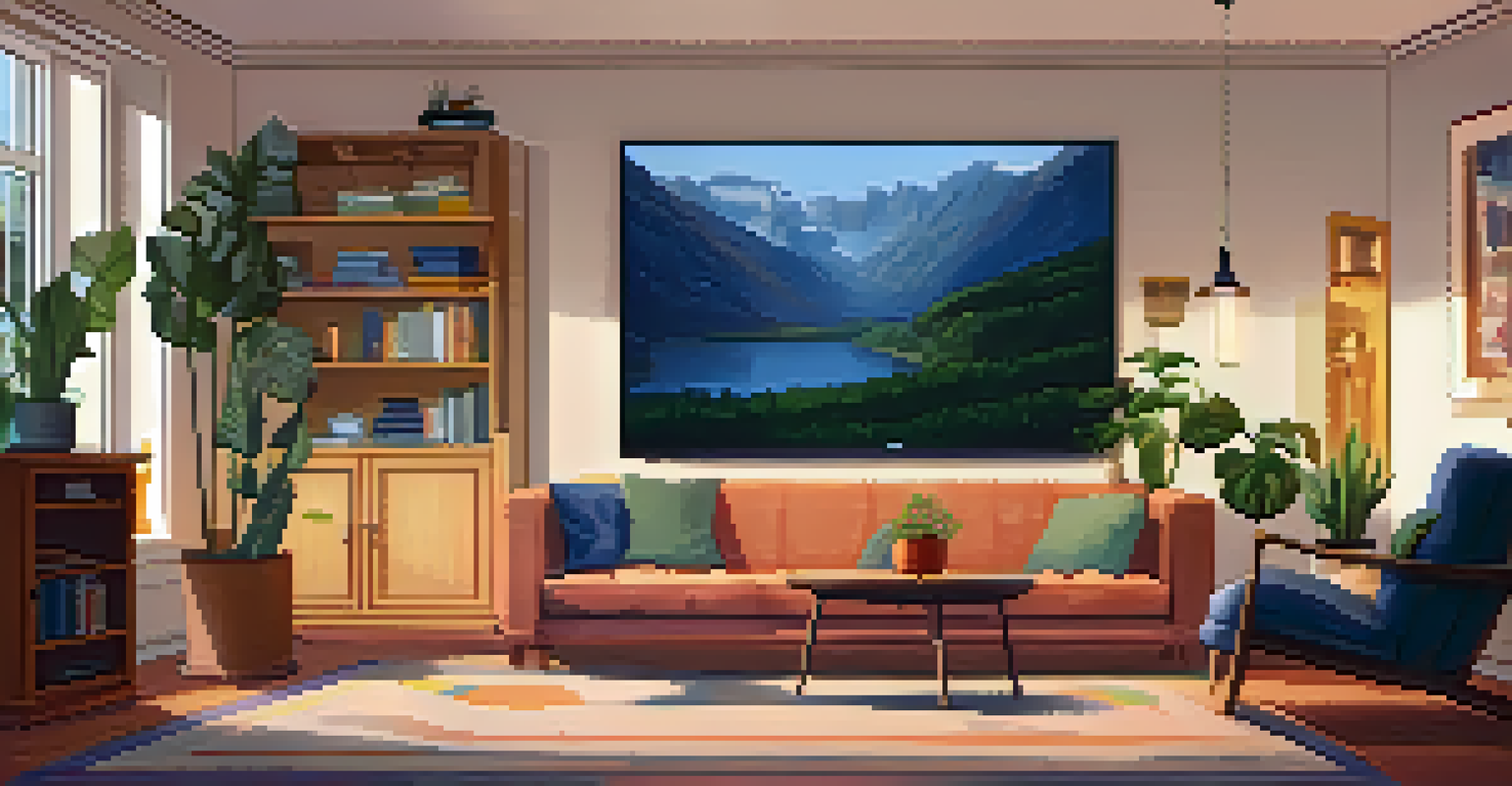 A person sitting on a couch in a cozy living room, watching a mental health show on a television.