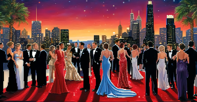 A vibrant Hollywood red carpet event with celebrities in elegant outfits against a sparkling city skyline.