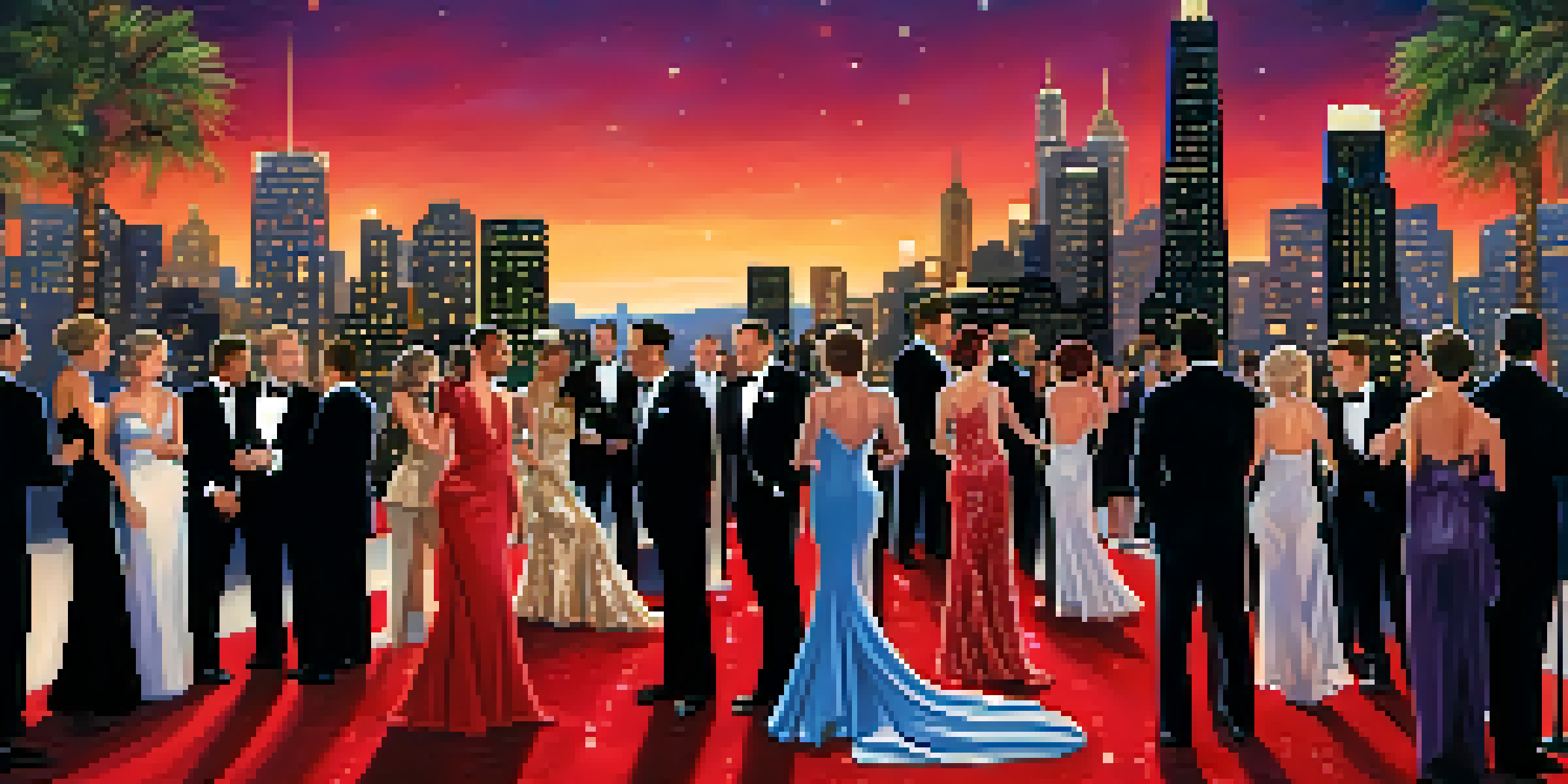 A vibrant Hollywood red carpet event with celebrities in elegant outfits against a sparkling city skyline.