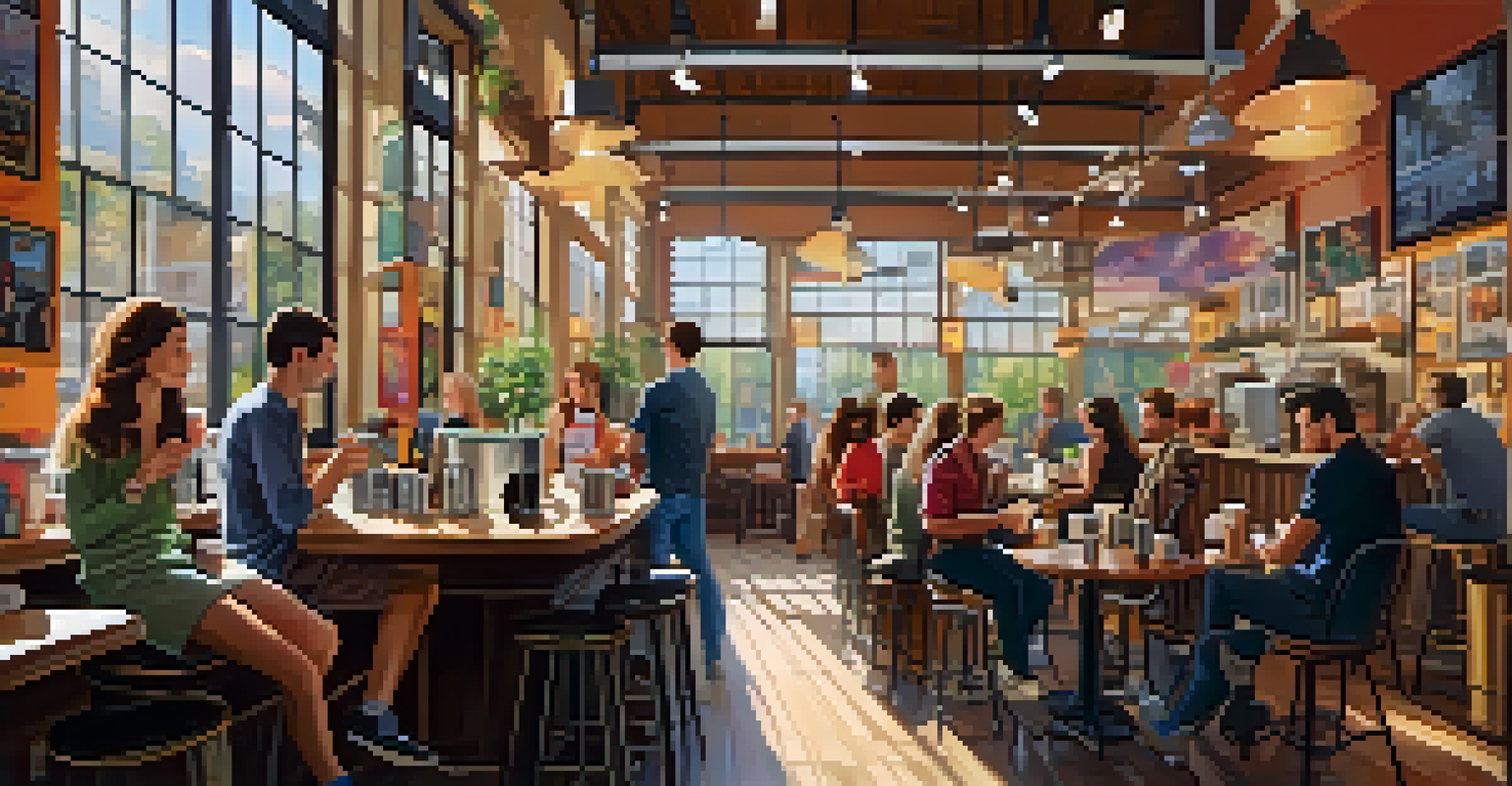 A vibrant coffee shop filled with people watching shows on devices, with colorful posters and warm sunlight streaming in.