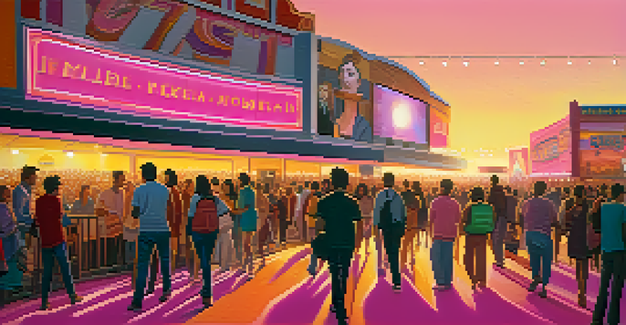 A lively film festival scene with a diverse crowd and a grand cinema, set against a beautiful sunset sky.