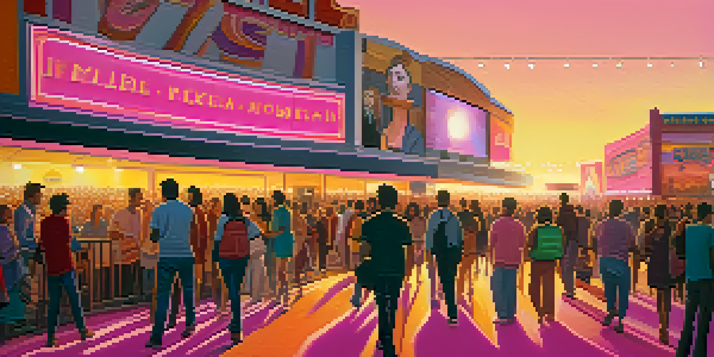 A lively film festival scene with a diverse crowd and a grand cinema, set against a beautiful sunset sky.