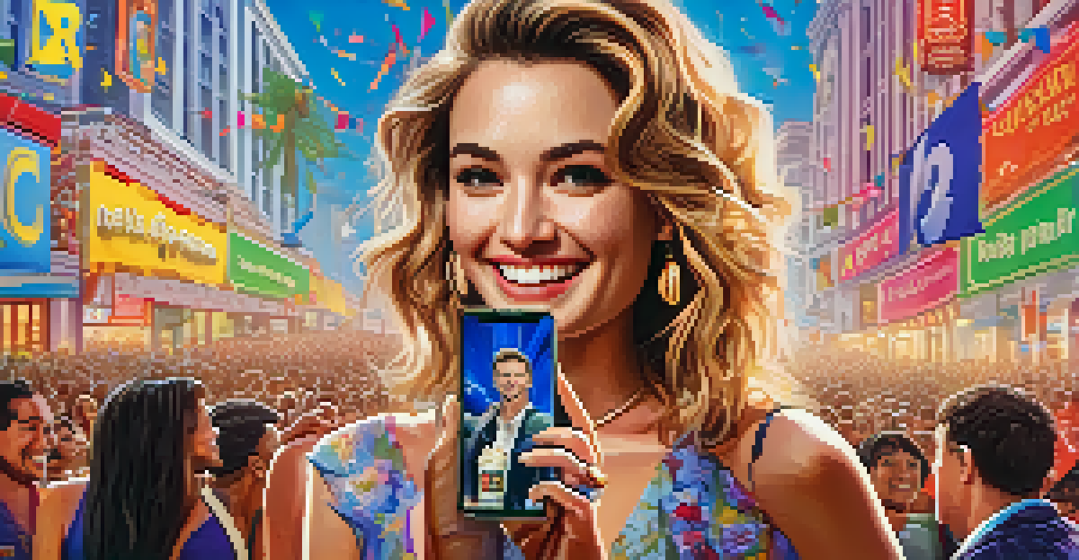A celebrity promoting a film on social media, smiling and holding a poster, with fans excitedly taking photos.