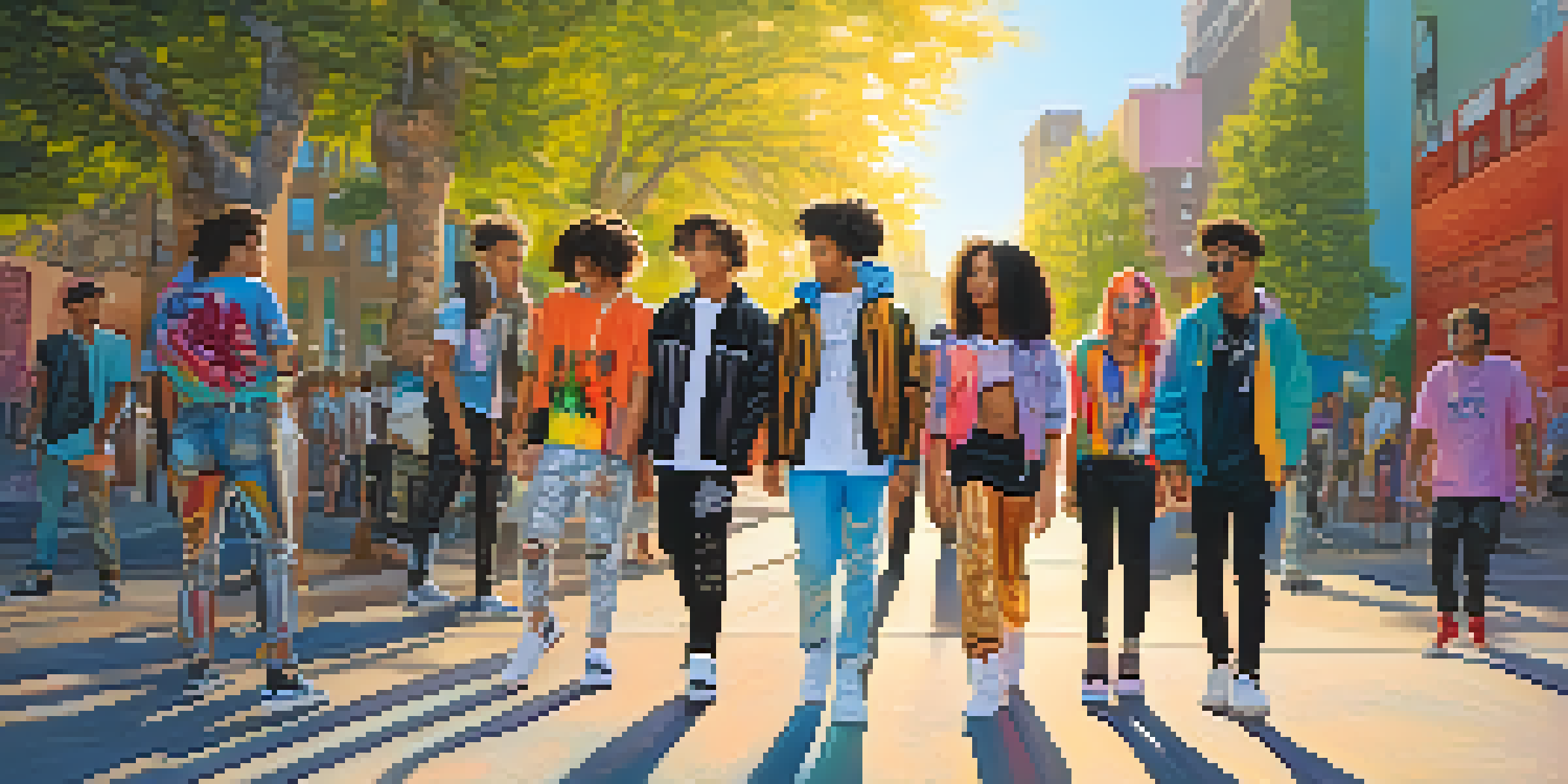A lively street scene with diverse young people showcasing various fashion styles against a colorful graffiti backdrop, illuminated by warm sunlight.