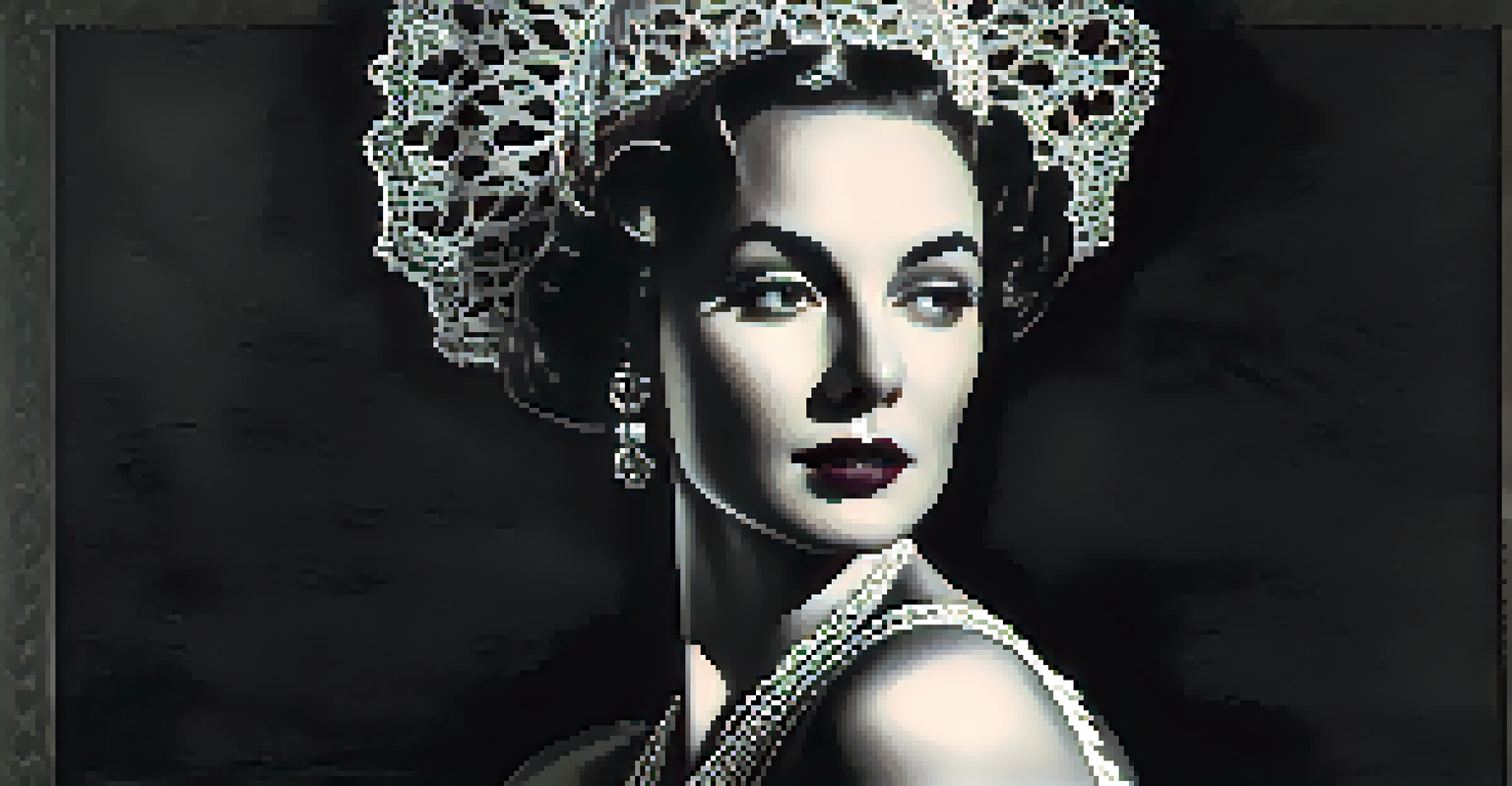 A black and white portrait of a strong-willed actress in a vintage gown with dramatic makeup.