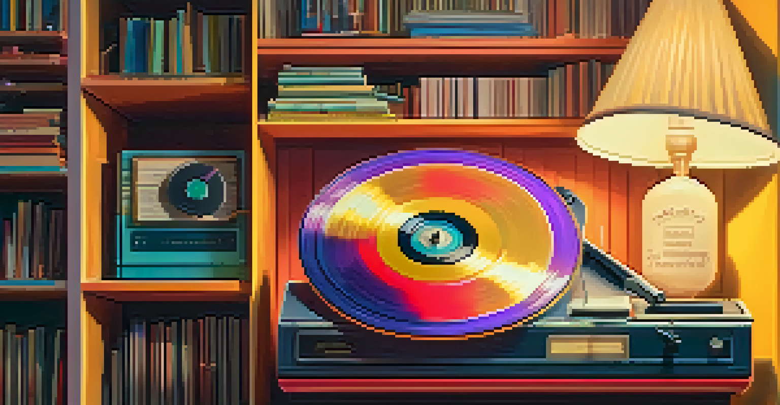 A vintage record player spinning a colorful vinyl in a cozy room filled with music memorabilia.