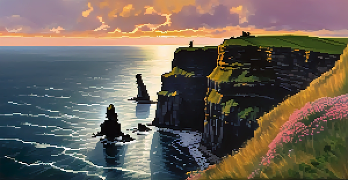 Aerial view of the Cliffs of Moher in Ireland during sunset, showing rugged cliffs and crashing ocean waves, with tourists at the edge.