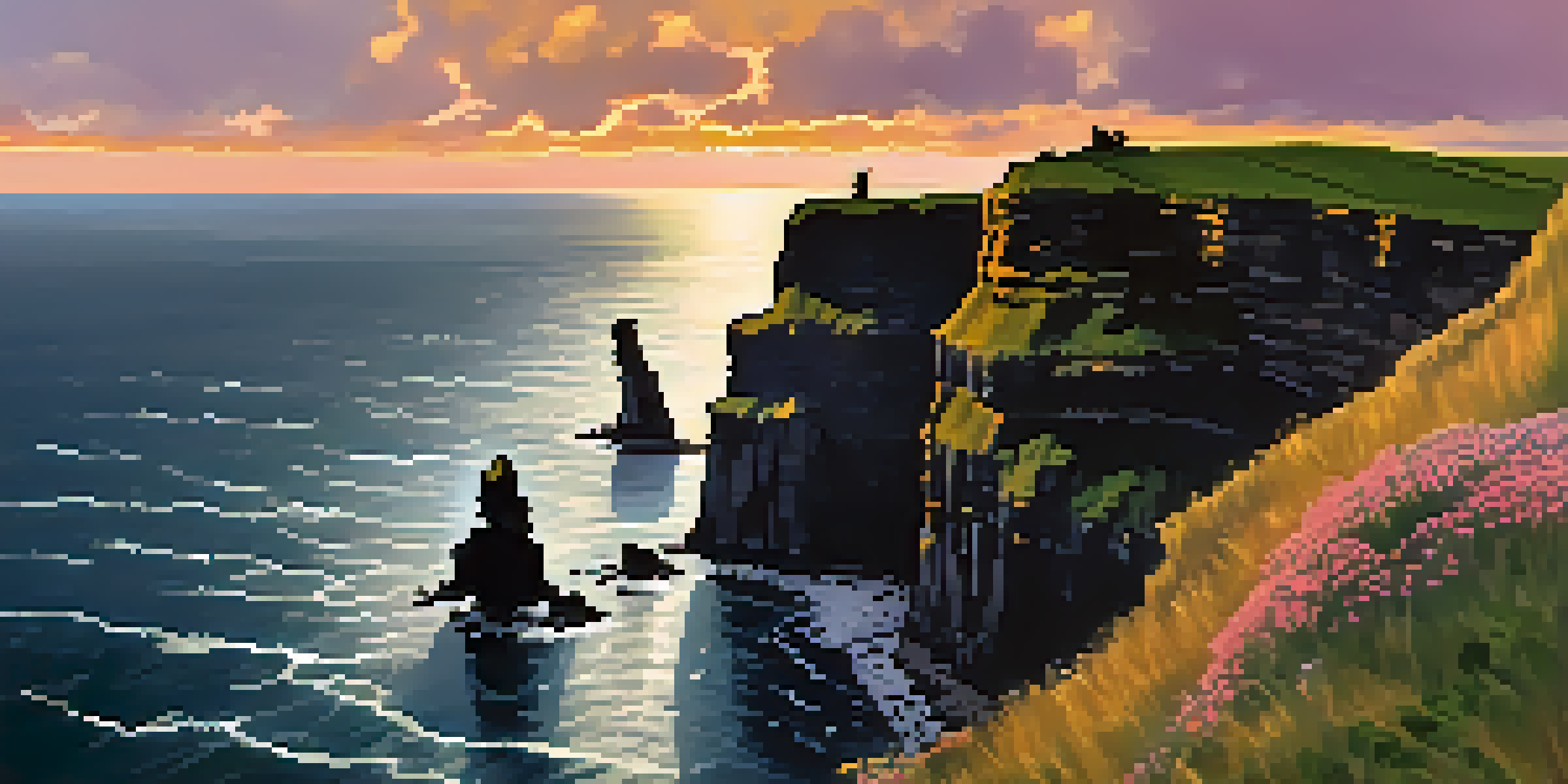 Aerial view of the Cliffs of Moher in Ireland during sunset, showing rugged cliffs and crashing ocean waves, with tourists at the edge.