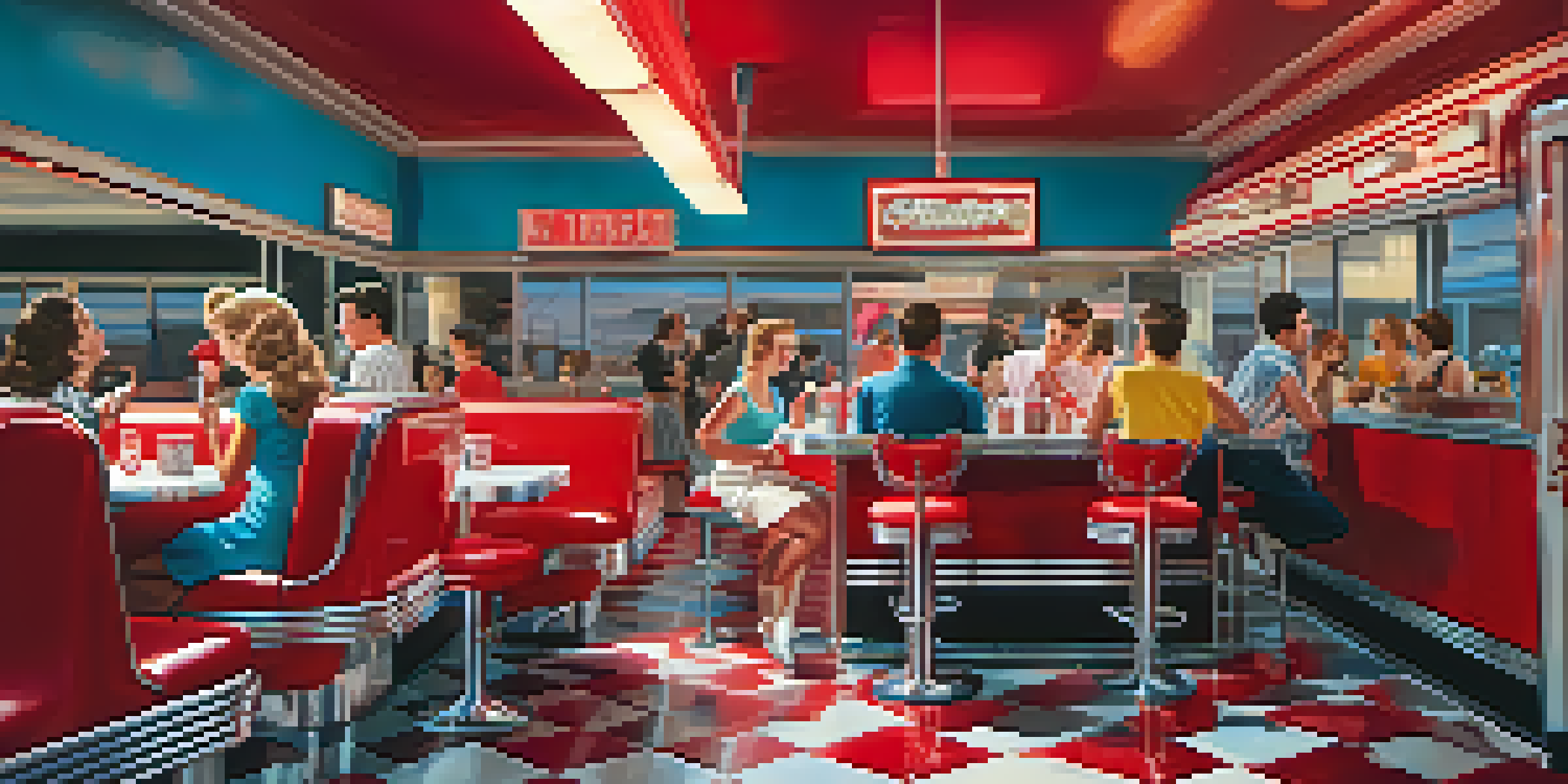 A lively 1950s diner with teenagers enjoying milkshakes in a red booth, surrounded by retro decor and classic cars outside.