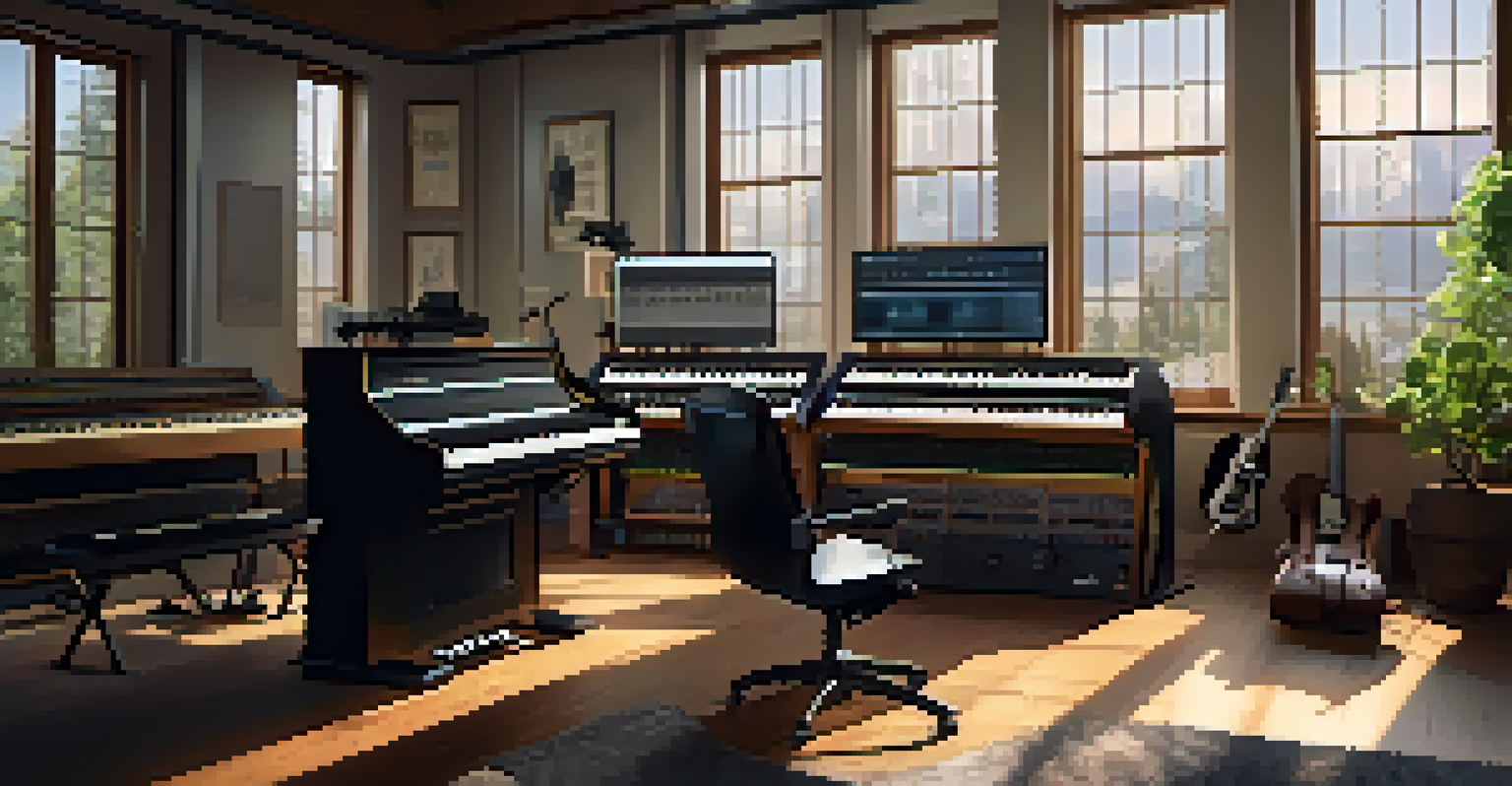 A composer working in a film scoring studio, surrounded by technology and instruments, with natural light illuminating the space.