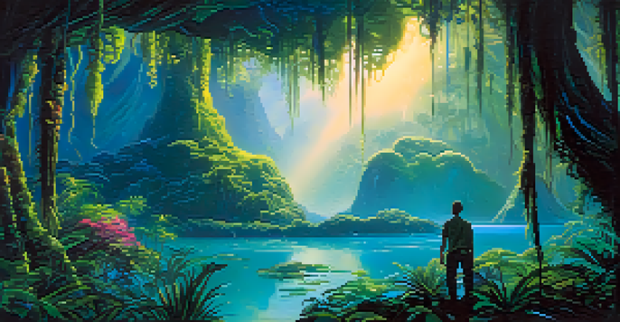 A colorful landscape inspired by 'Avatar', featuring glowing plants and a Na'vi figure surrounded by nature.
