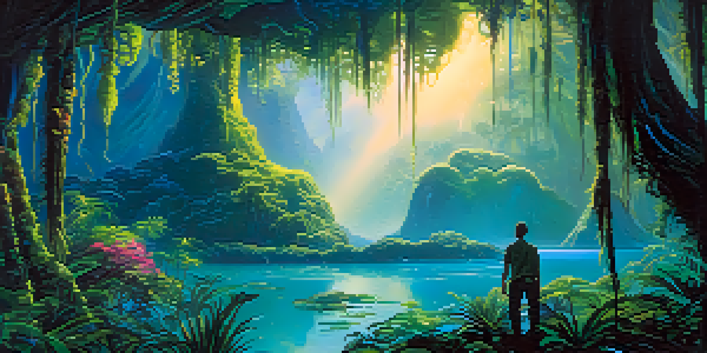A colorful landscape inspired by 'Avatar', featuring glowing plants and a Na'vi figure surrounded by nature.
