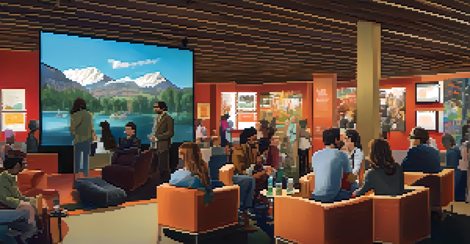 A cozy networking lounge at a film festival with attendees mingling and engaging in relaxed conversations over drinks.