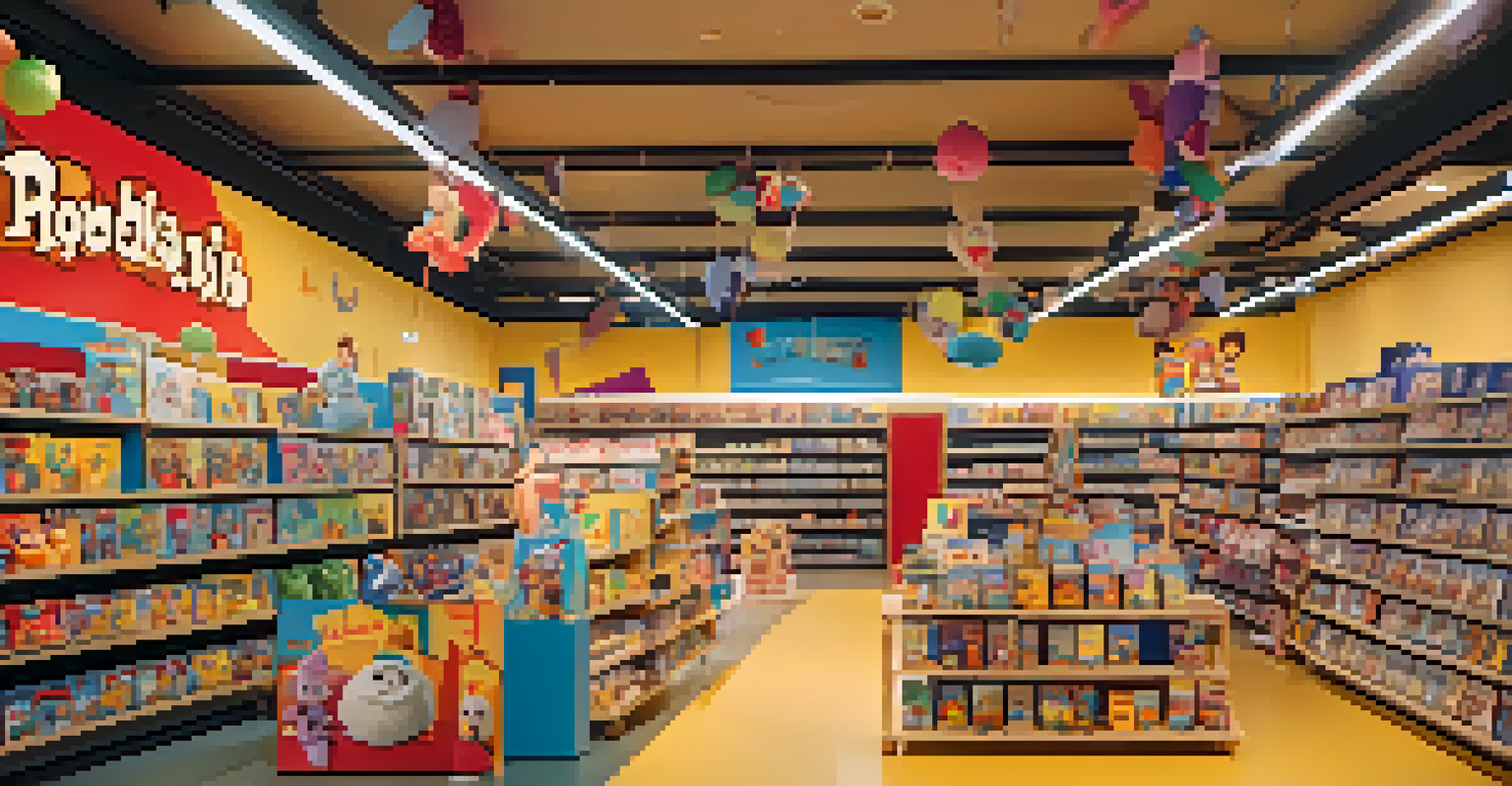 A cheerful store section featuring animated film-themed plush toys and children's clothing, decorated with bright colors and soft lighting.