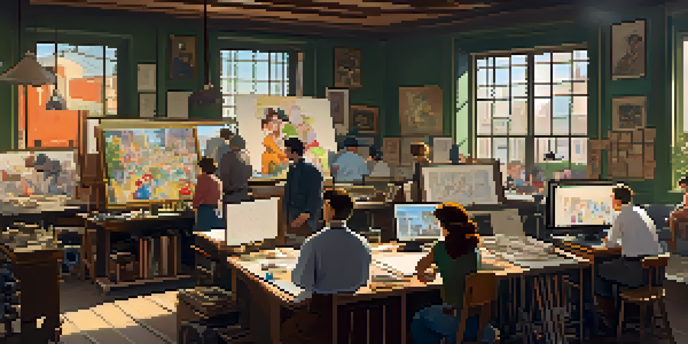 An early 20th-century animation studio with artists working on sketches and animation equipment.