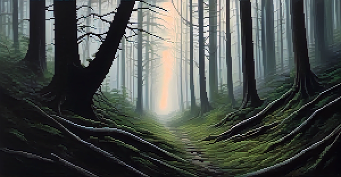 A dark and misty forest path creating an eerie atmosphere.