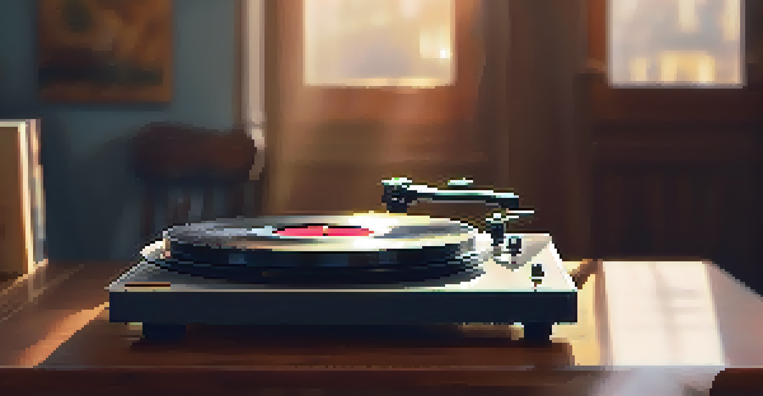 A close-up of a vinyl record on a turntable with warm lighting, music sheets, and a cup of coffee nearby.
