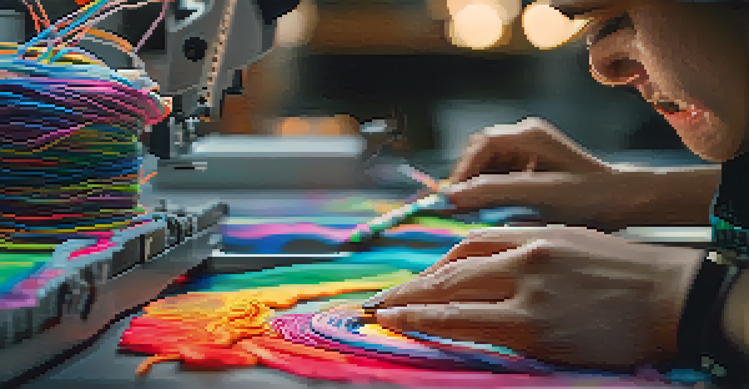 A designer's hands working on a costume using 3D printing technology, showcasing intricate details and colorful threads in a modern design environment.