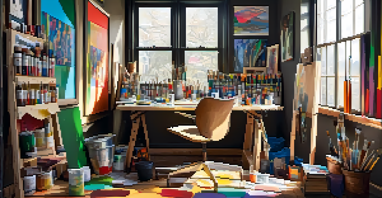 An artist's workspace filled with paintbrushes, paint tubes, and colorful artwork, illuminated by natural light from a window.