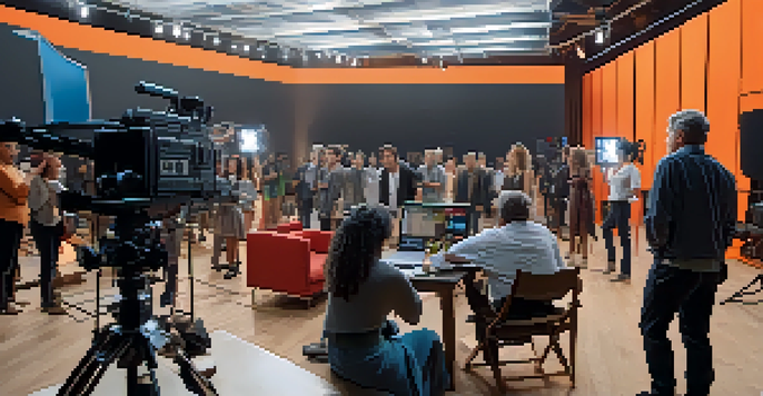 A busy film set with actors in costumes rehearsing, a director giving instructions, and crew members working together under bright studio lights.
