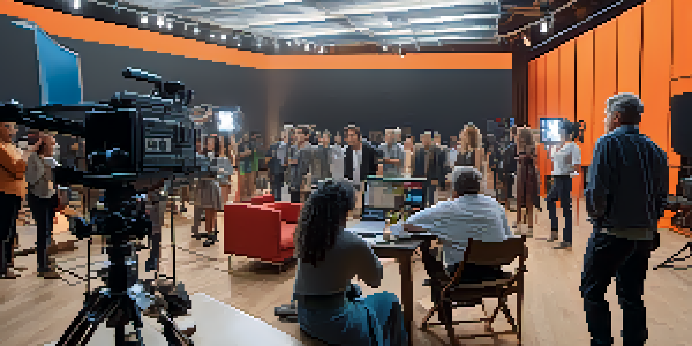 A busy film set with actors in costumes rehearsing, a director giving instructions, and crew members working together under bright studio lights.