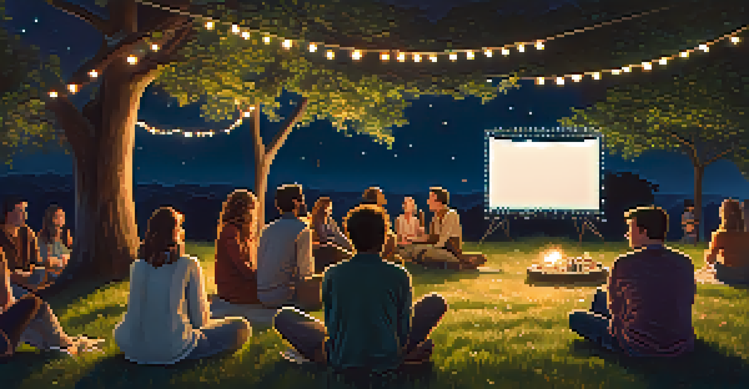 A diverse group of people watching a documentary outdoors at night, surrounded by fairy lights and blankets.