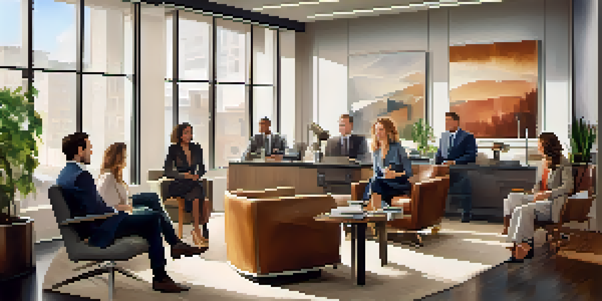 A busy Hollywood talent agency office with diverse agents working together, large windows, and framed actor headshots on the walls.