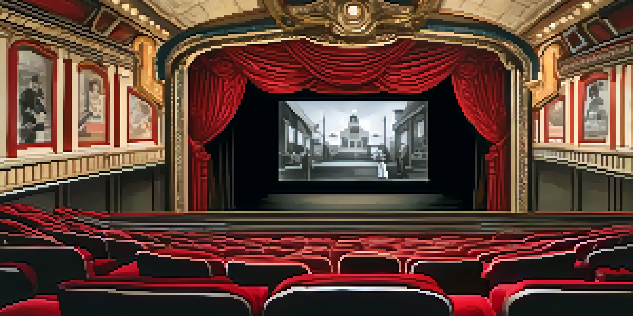 A vintage silent film theater with a warm ambiance, featuring plush red seats and a black-and-white film being projected on the screen.