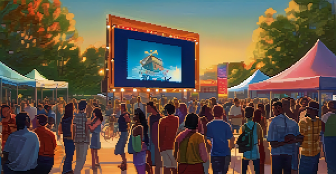 A lively outdoor film festival with diverse filmmakers interacting and a large screen showing a movie, illuminated by the warm glow of the sunset.