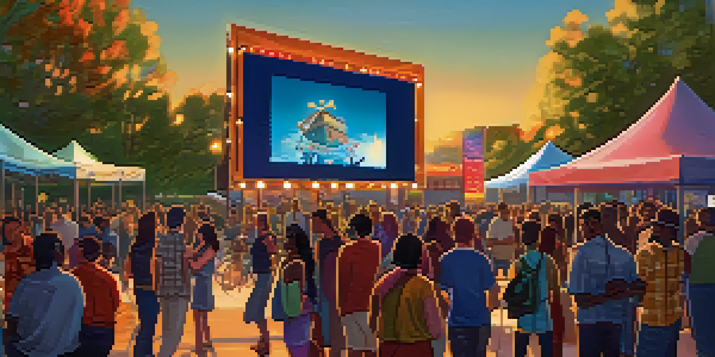 A lively outdoor film festival with diverse filmmakers interacting and a large screen showing a movie, illuminated by the warm glow of the sunset.