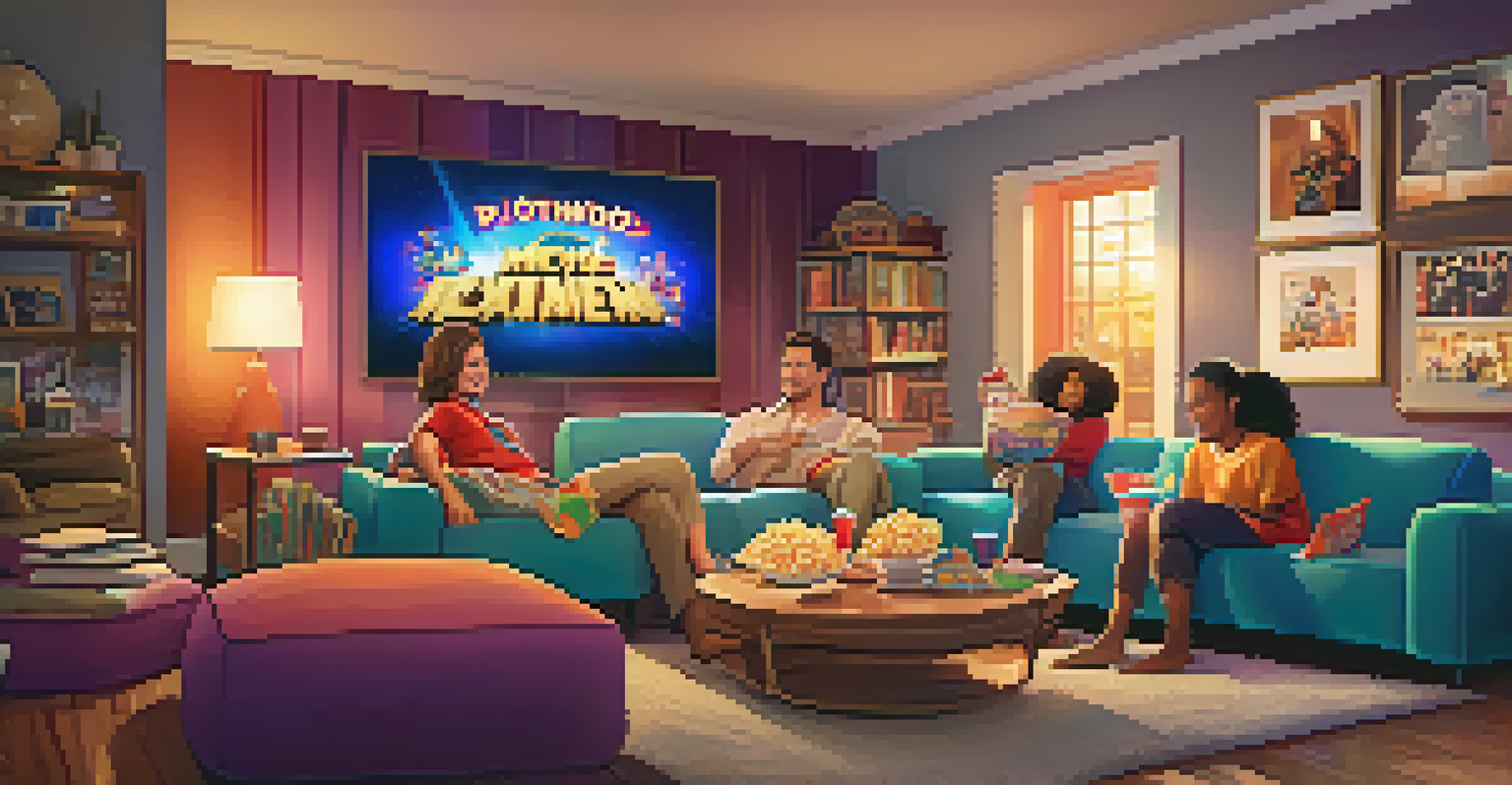 A family enjoying a movie night together, sitting on a couch with popcorn and drinks, in a cozy living room.