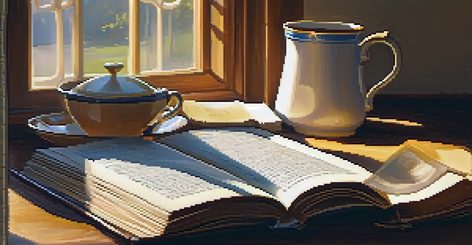 A close-up of an open book on a table with a cup of tea, illuminated by soft natural light.