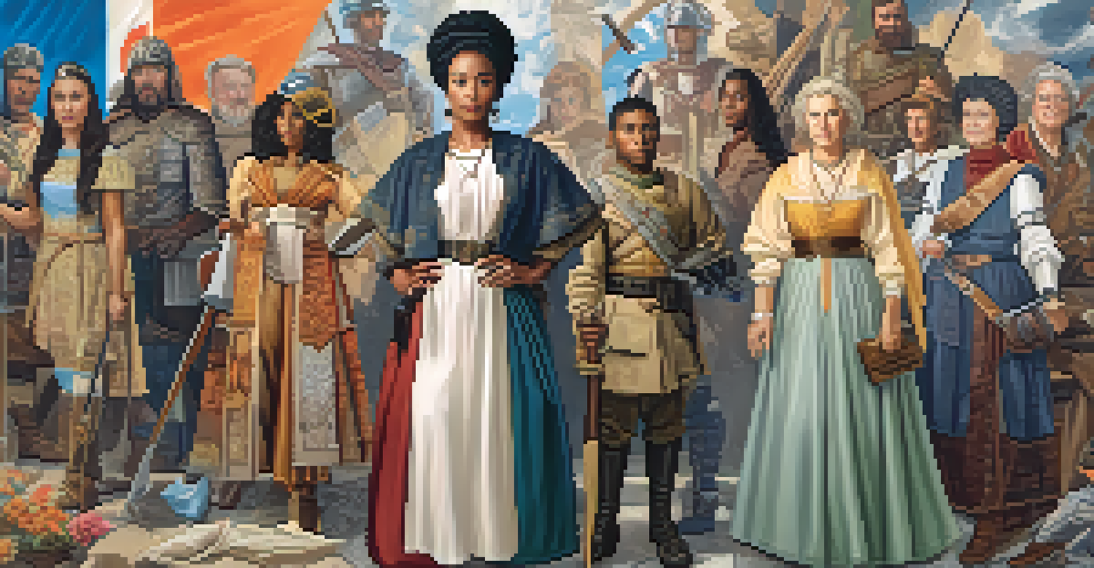 A collage of strong historical women in diverse roles, including a scientist and a warrior, set against a textured background of historical elements.