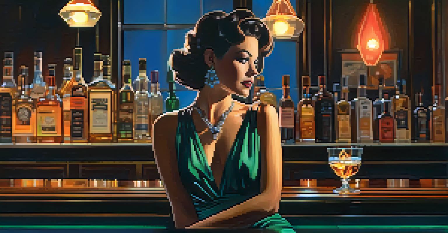 A sophisticated femme fatale sits at a bar, holding a glass, surrounded by warm lighting and retro decor.