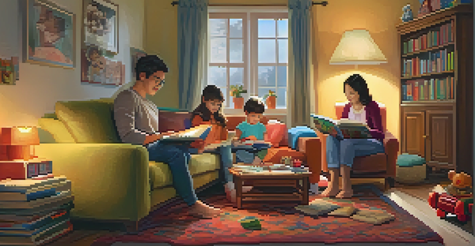 A parent reading a story to two children in a warm and cozy living room filled with books and toys.
