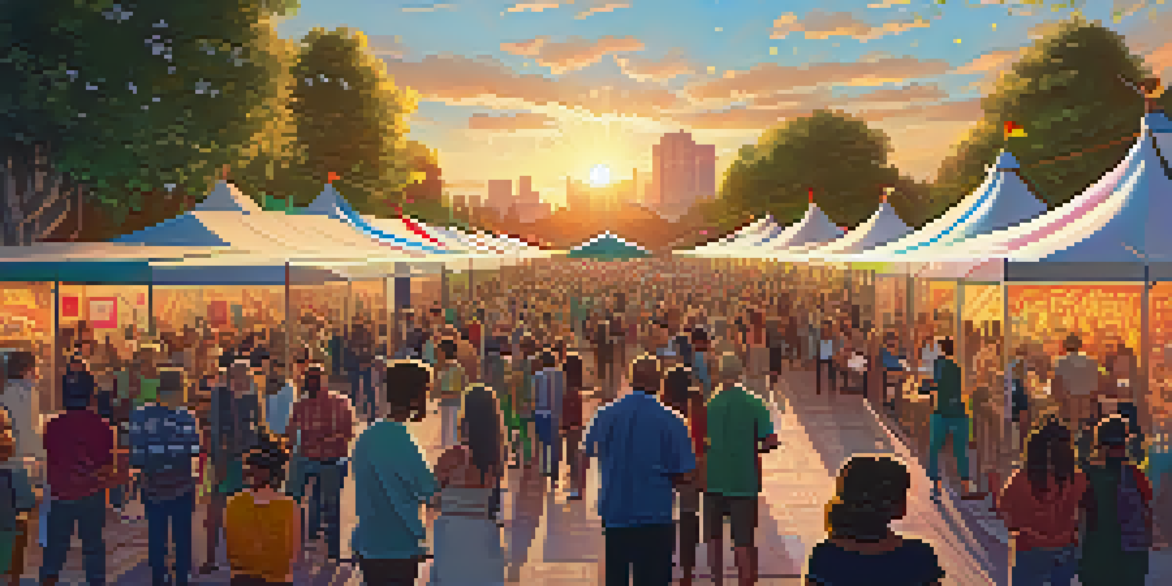 A lively outdoor film festival with a large screen, diverse audience, colorful tents, and warm sunset lighting.