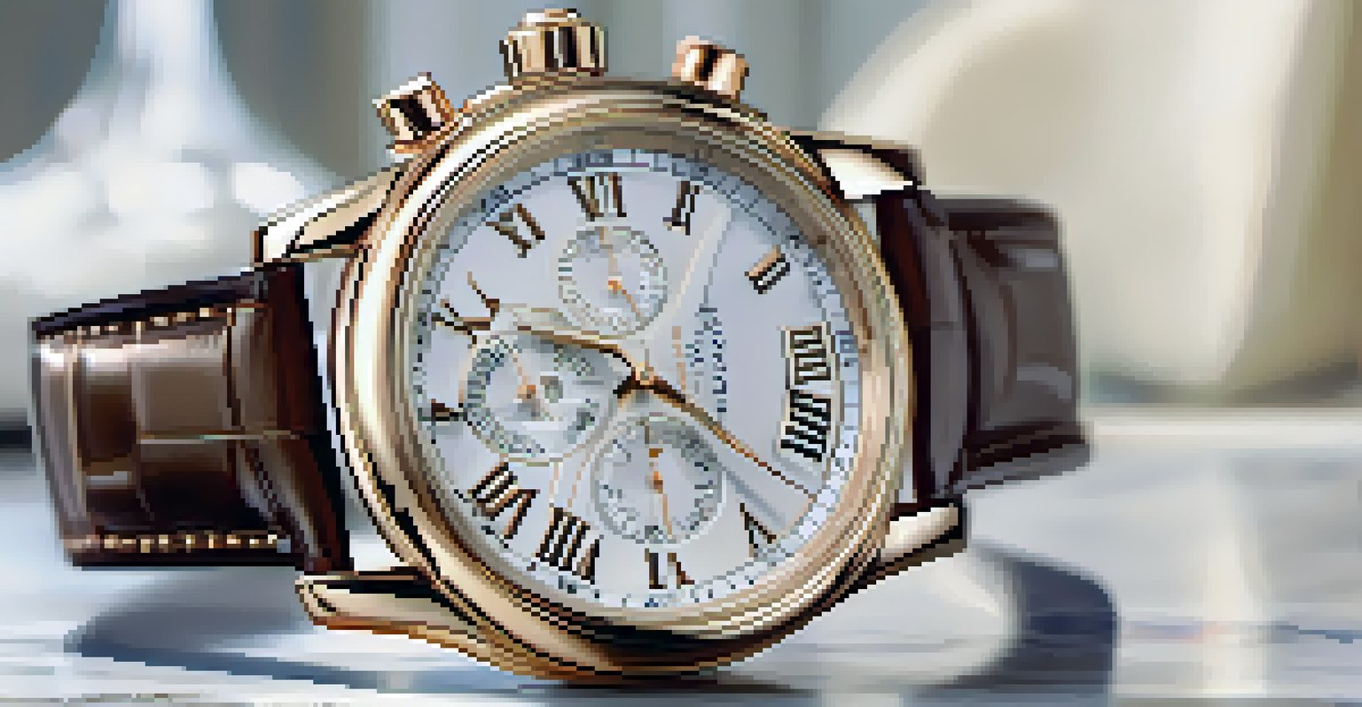 A close-up of a luxury watch on a marble countertop, showcasing its intricate details in soft natural light with a blurred elegant living room background.